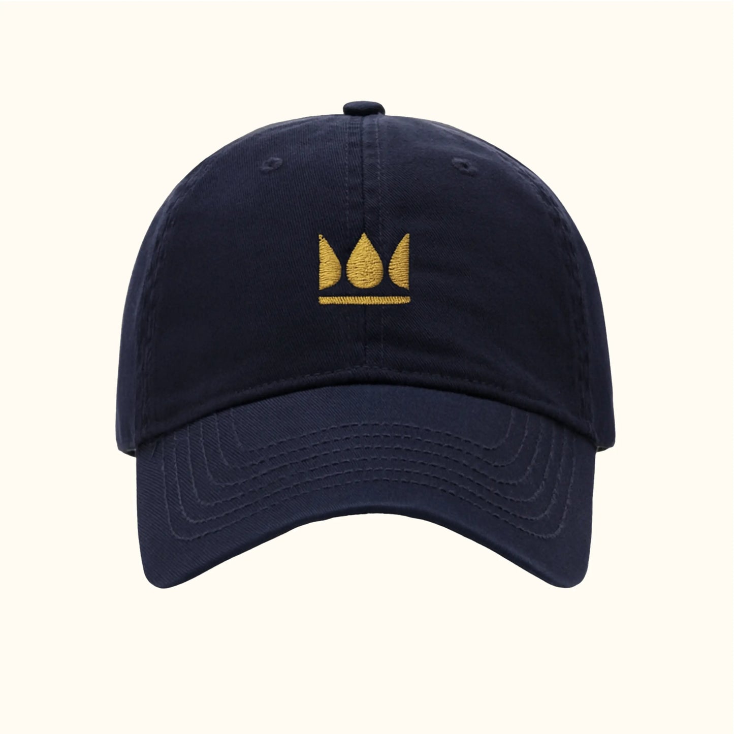 Navy dad hat with gold embroidered crown logo – King Bean Coffee Roasters.