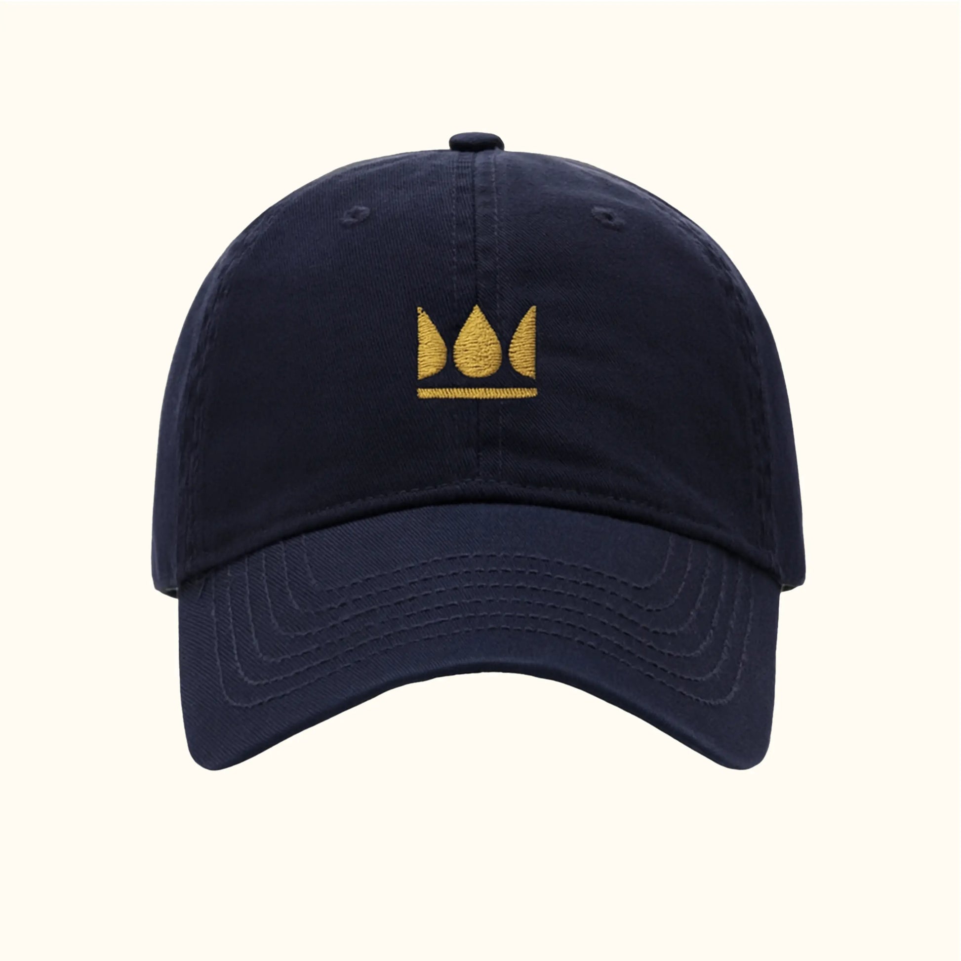 Navy dad hat with gold embroidered crown logo – King Bean Coffee Roasters.