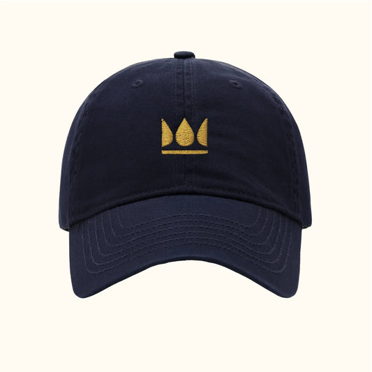 Navy dad hat with gold embroidered crown logo – King Bean Coffee Roasters.