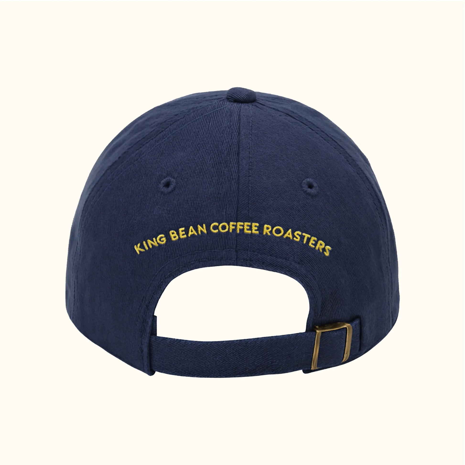 Navy dad hat with gold embroidered crown logo – King Bean Coffee Roasters.