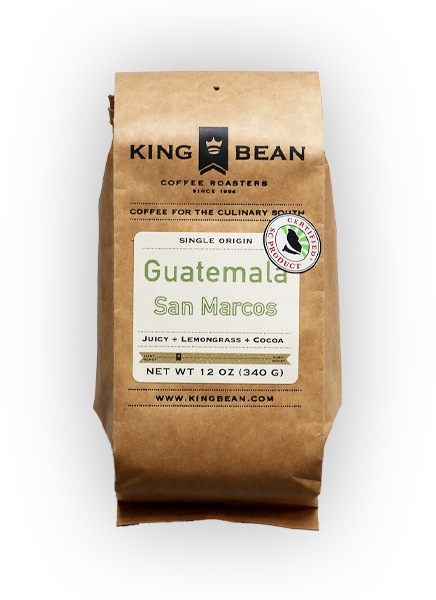 a bag of coffee labeled guatemala san marcos, juicy lemon grass and cocoa